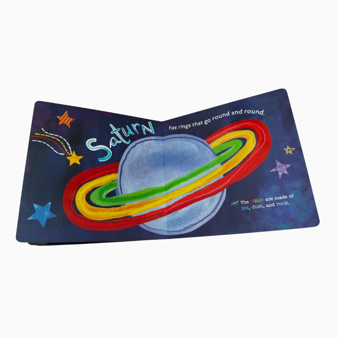 Children's book about Saturn with colorful illustration on a white background