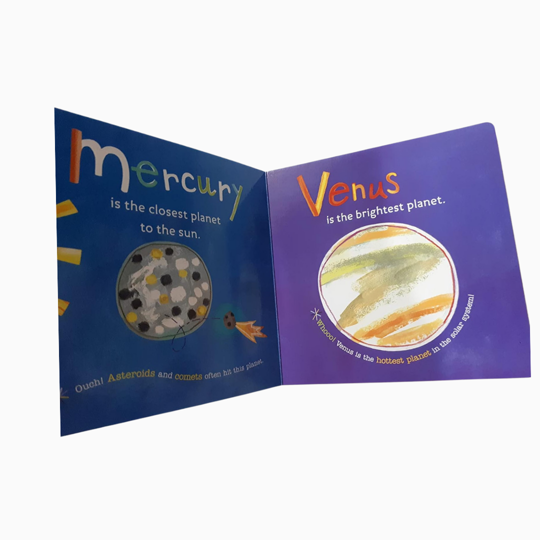 Open book showing pages about Mercury and Venus with colorful text and illustrations.