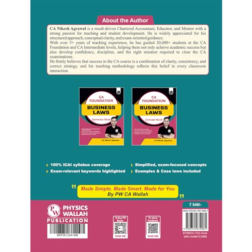 PW CA Foundation Business Laws Concept Book By CA Nikesh Agrawal For May 2026 Exam | Concise Chapter-wise summaries | Exam Relevant Keywords Highlighted | Important Case laws