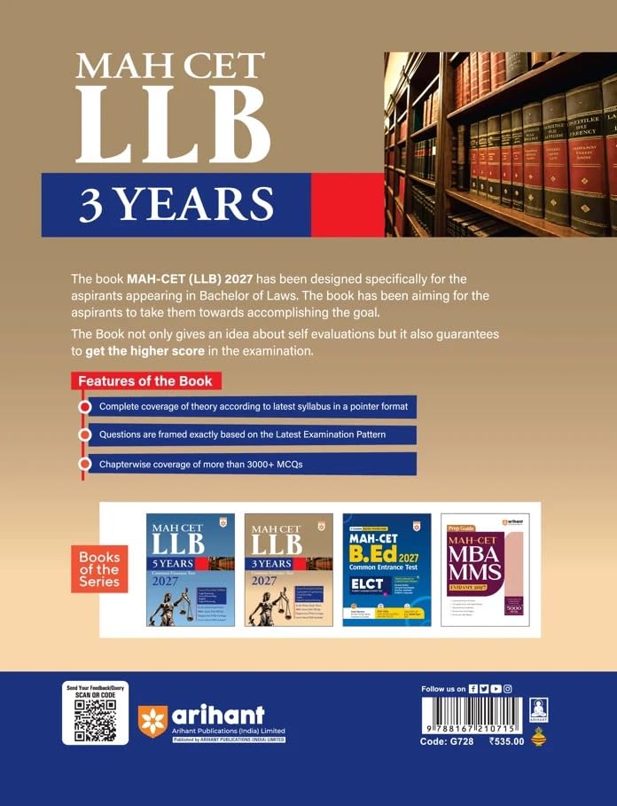 Arihant MHT CET LLB 3 Years Common Entrance Test 2027 | Complete Study Guide with Legal Aptitude, Legal Reasoning, General Knowledge, English & Logical Reasoning | 3000+ MCQs & Chapterwise PYQs