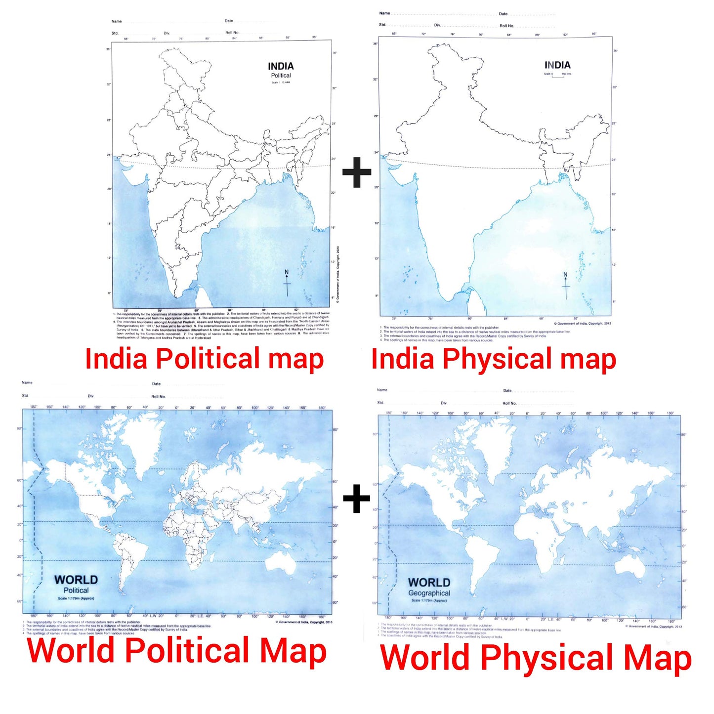 Outline Practice map of India and World (Both Political and Physical map) | A-4 BIG SIZE | Set Of 100 Maps | Printed on High Quality Paper