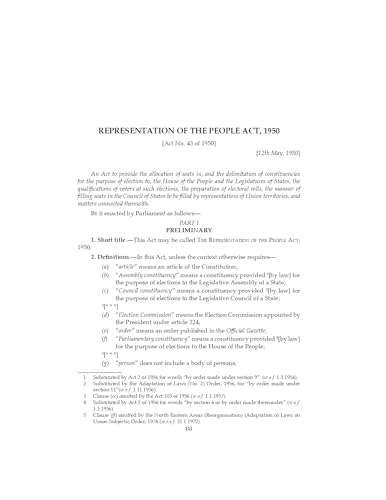 Lawmann's Representation of the People Act, 1950 | Bare Act with Comments