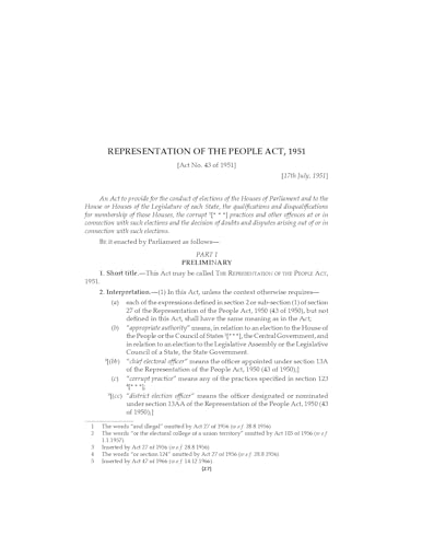 Lawmann's Representation of the People Act, 1950 | Bare Act with Comments
