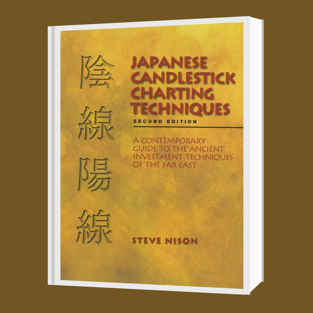 Book titled 'Japanese Candlestick Charting Techniques' by Steve Nison on a brown background
