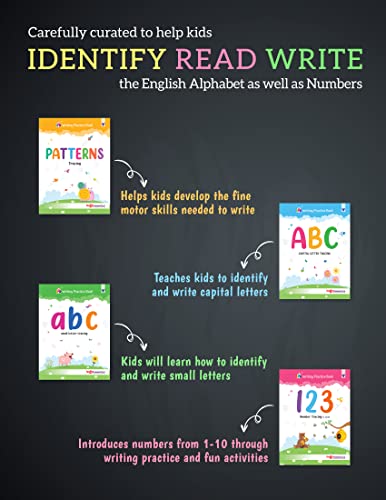 Writing Practice Book for Kids - Set of 4 Books | Learn, Trace, Write & Practice ABC Capital Letters, Small Letters, Patterns and Numbers 1 to 10
