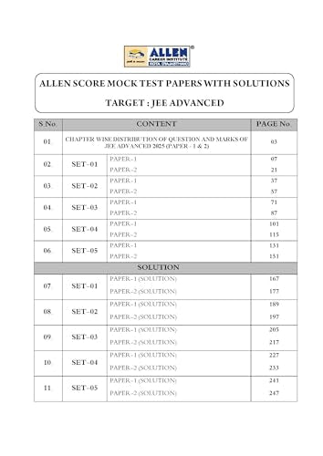 ALLEN Score 10 Test Papers with Solutions (Paper 1 & 2) for JEE Advanced in English Physics, Chemistry & Mathematics Mock Test papers