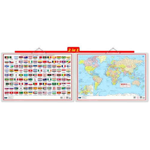 World Map And Flags 2in1 Double Side Printed Laminated 20 Inch x 30 Inch water proof With Country Name, Capital And Currency Chart For Kids Geography Learning Poster For School Classroom And Home