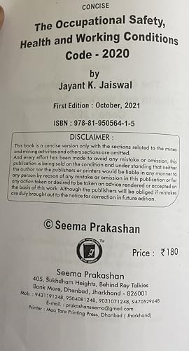 OSHWCC-2020, The Occupational Safety, Health and working conditions Code-2020, Mining Book, Mining Exam Book, DGMS Exam,1st &2nd Class, Overman, ... Exam, Seema Prakashan, J K Jaiswal
