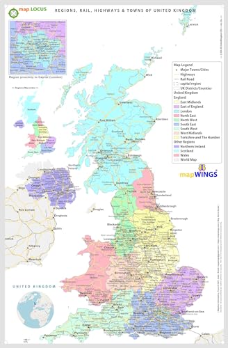 DURABLE MAGNETIC Paper Map of UNITED KINGDOM (UK) & Regions with State, District, Counties Boundaries, Road-Rail, Important Locations with Map-Legend, Size 18 X 11 inches ~ A3 SIZE PORTRAIT