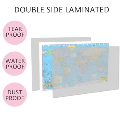 World Map Educational Wall Chart – Double-Sided Laminated Poster with Detailed Continents, Countries & Oceans, Learn Geography, Ideal for Kids, Students, School, Classroom & Home Learning, 48x73 cm