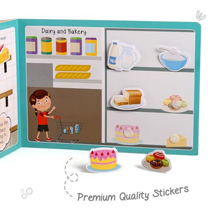 Intelliskills Premium Pick N' Stick Food Montessori Activity Busy Book with Reusable Stickers|Early Learning Activity Book for 2+Years Old|Sticker Book For Kids|Best Birthday Gift for Children|English