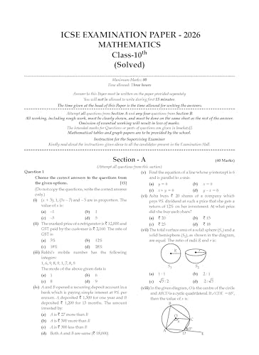 Oswaal Class 10 ICSE Question Bank Mathematics (2017-2026) | For 2027 Exam Chapter-wise & Topic-wise with Competency Based Questions | Includes 2026 Paper - fully solved | Self-Assessment Papers