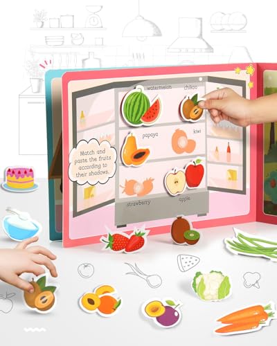 Intelliskills Premium Pick N' Stick Food Montessori Activity Busy Book with Reusable Stickers|Early Learning Activity Book for 2+Years Old|Sticker Book For Kids|Best Birthday Gift for Children|English