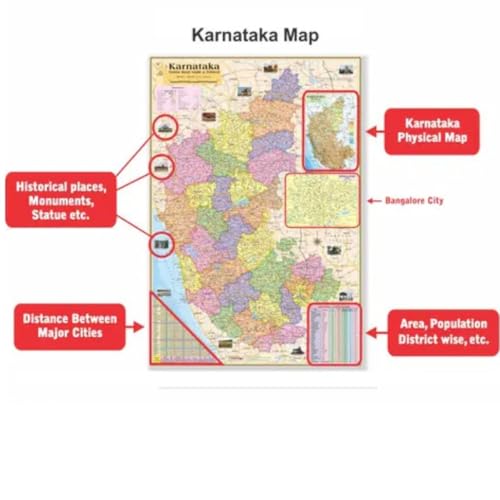 Karnataka State Maps Size : 100x70 cm (40"x28" inch) With Important Fact and Figure. Ideal Map for UPSC, PCS, SSC, RAILAWAY'S, State Exams and Other Competitive Exams. Updated Map.