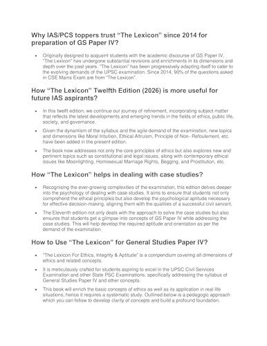 The Lexicon For Ethics, Integrity & Aptitude - 2026 Edition is Catering to Evolving Trends in GS Paper-IV of Civil Services Examination and other State PSC Examinations, For 2025-27