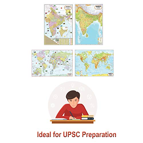 India & World Map ( Both Political & Physical ) with Constitution of India and History of India Chart | LAMINATED SET OF 6 Maps & Charts | Useful for UPSC, SSC, IES and other competitive exams