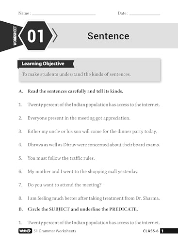 MTG 51 English Grammar Worksheets Class 6 – Grammar Work books to practice English concepts in interactive way (Based on CBSE/NCERT)