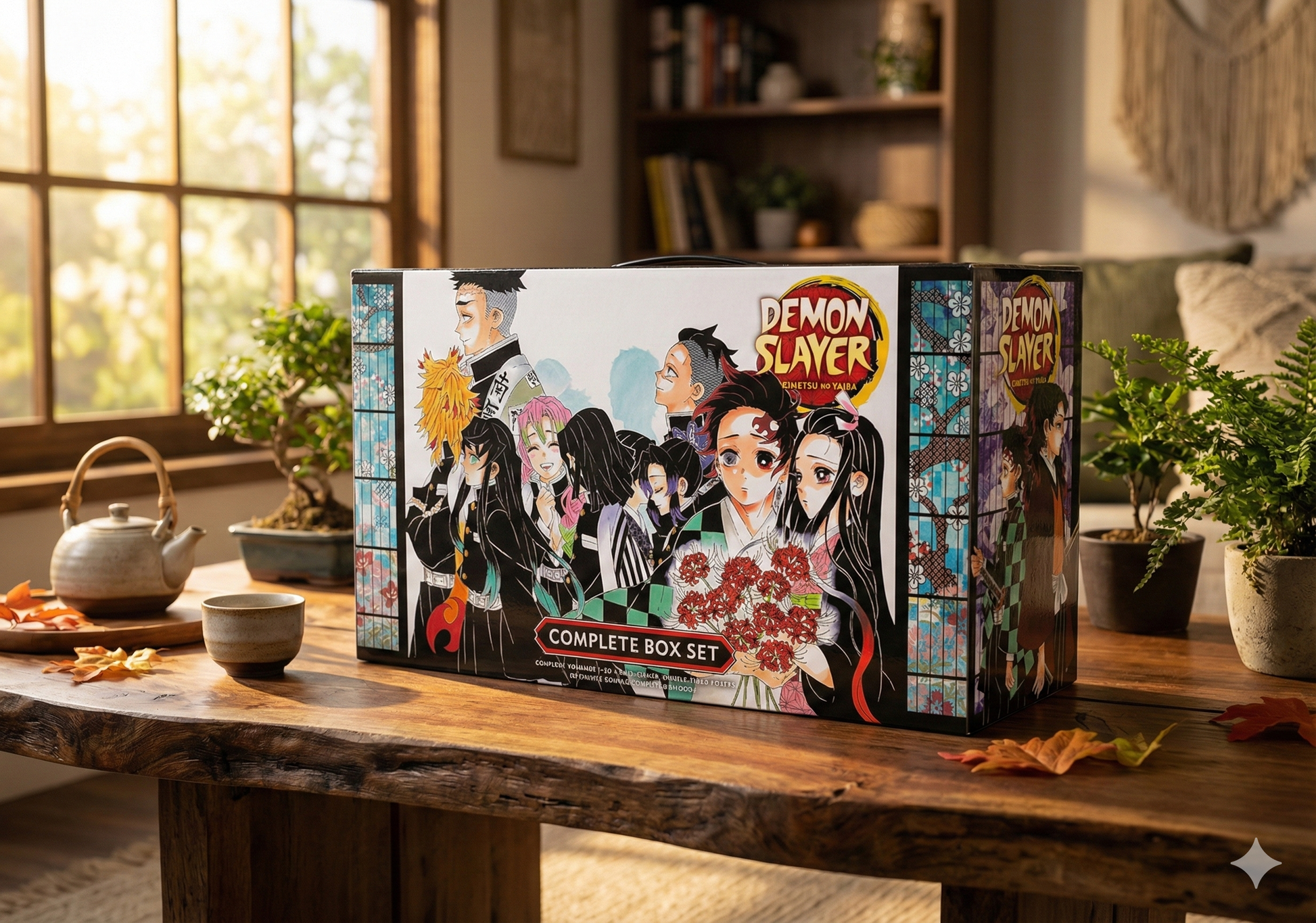Demon Slayer complete box set on a wooden table in a cozy room with plants and a window.