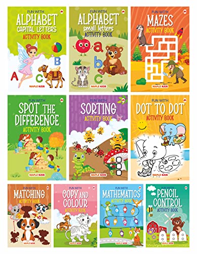 Brain Booster Activity Book Set (Set of 10 books) (Colourful Pages) - 3 Years to 5 Years Old - Learn and Practice ABC Capital and Small Letters, Mazes, Spot the Difference, Pencil Control, Dot to Dot, Mathematics - Fun Early Learning