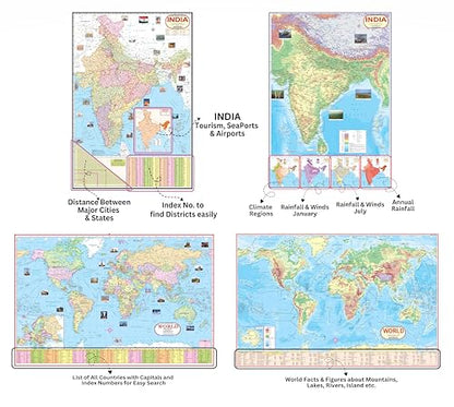 India & World Map (Both Political & Physical) - LAMINATED | Set of 4 Maps | Size - 70×100 cm | Use For Preparation Of UPSC, SSC, IES, etc Exams. | By Hivex Publication