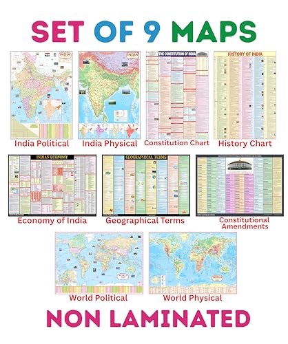 India & World Map ( Both Political & Physical ) with Constitution of India , Indian History , Indian Economy, Geographical Terms & Constitutional Amendments Chart | Set of 9 |