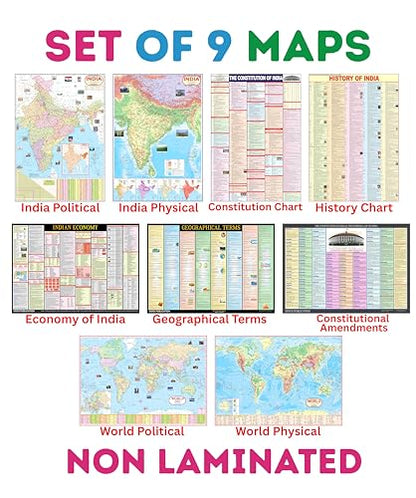 India & World Map ( Both Political & Physical ) with Constitution of India , Indian History , Indian Economy, Geographical Terms & Constitutional Amendments Chart | Set of 9 |