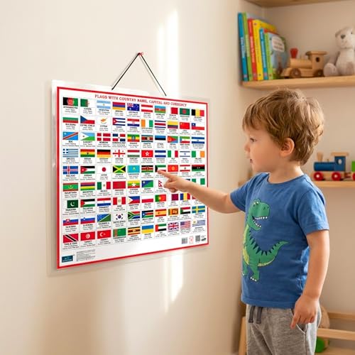 World Map And Flags 2in1 Double Side Printed Laminated 20 Inch x 30 Inch water proof With Country Name, Capital And Currency Chart For Kids Geography Learning Poster For School Classroom And Home