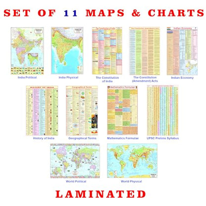 Complete Laminated Set of UPSC Maps & Charts | Set of 11 | India & World Map ( Both Political & Physical ) with Constitution of India, Constitutional ... Economy, Maths Formula & Geography terms