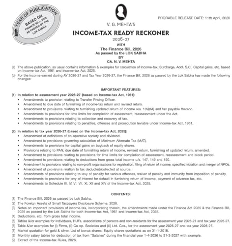 V.G.Mehta's Income Tax Ready Reckoner (DTRR) - AYs 2026-27 - 88th Edition - [Finance Act 2026] - As per ITA 1961 | ITA 2025 | ITR 2026