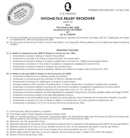 V.G.Mehta's Income Tax Ready Reckoner (DTRR) - AYs 2026-27 - 88th Edition - [Finance Act 2026] - As per ITA 1961 | ITA 2025 | ITR 2026