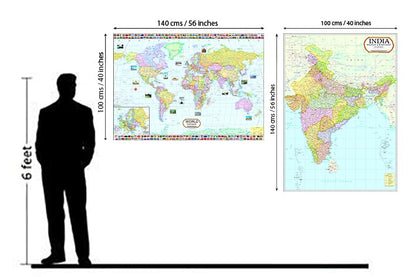 India and World Map Combo | 100 x 140 cm ( 40 inch x 56 inch ) | Laminated | English | Big Size