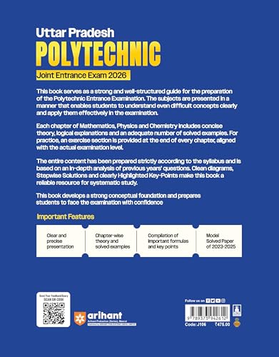 Arihant Uttar Pradesh Polytechnic Guide For Exam 2026 | UP Polytechnic Joint Entrance Exam Preparation Book | Mathematics, Physics & Chemistry | Includes Model Solved Paper 2025 | English Medium
