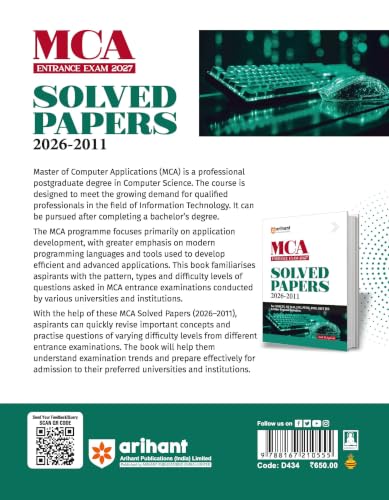 Arihant MCA Entrance Exam 2027 | 15 Years Solved Papers (2026–2011) for NIMCET, IIT JAM, JNU,Pune University, BHU, KIIT JEE & Other Regional Entrances | Previous Year Questions with Detailed Solutions