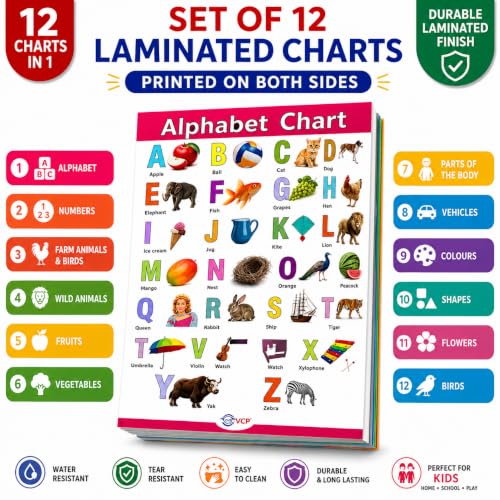 VCP Early Learning Educational Chart Set for Kids | Set of 12 LAMINATED Paper Charts (Printed on Both Sides) | Non-Tearable and Waterproof | Size : 31 x 46 cm | Alphabet, Numbers, Animals..