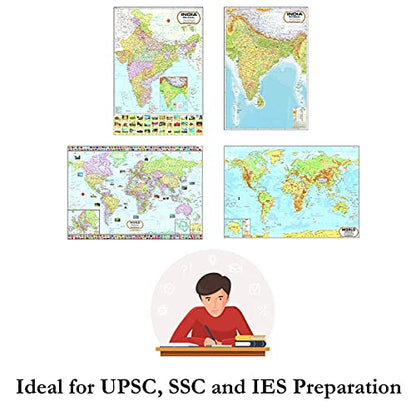 India & World Map ( Both Political & Physical ) with Constitution of India Chart | LAMINATED | SET OF 5 | Useful for UPSC, SSC, IES and other competitive exams