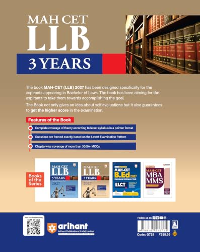 Arihant MAH CET LLB 3 Years Entrance Exam 2027 | Complete Guide for Legal Aptitude, Legal Reasoning, GK, English & Logical Reasoning | 3000+ MCQs, Chapterwise PYQs & Solved Paper 2026