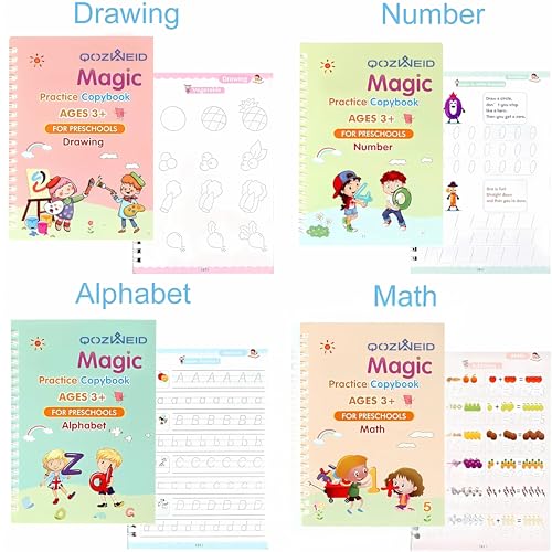 QOZWEID Magic Calligraphy, Homeschool Supplies, Preschool workbook, Numbers & English & Drawing & Mathematics Auto Fade Pen & 4 Books - 10 Riffile 1 Grip 1 pen (model -2026) size 19x3 cm