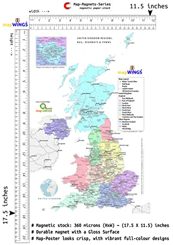 DURABLE MAGNETIC Paper Map of UNITED KINGDOM (UK) & Regions with State, District, Counties Boundaries, Road-Rail, Important Locations with Map-Legend, Size 18 X 11 inches ~ A3 SIZE PORTRAIT