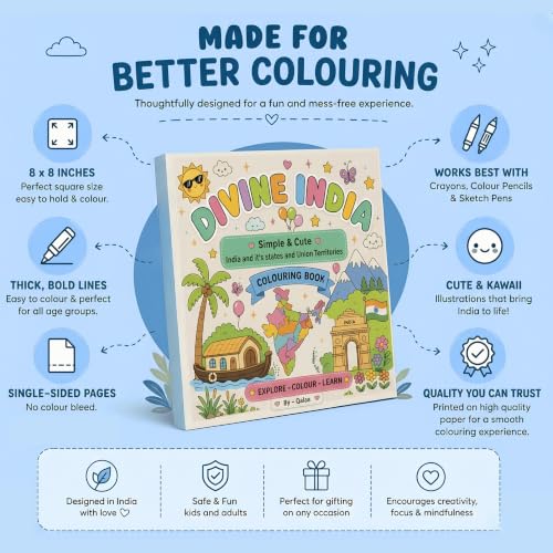 DIVINE INDIA Colouring Book for Adults & Kids | Relaxing Colouring Journey Through India's 28 States & 8 Union Territories | Explore India's Culture | Cute & Easy Designs | 8 x 8 Inch