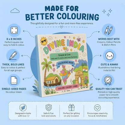 DIVINE INDIA Colouring Book for Adults & Kids | Relaxing Colouring Journey Through India's 28 States & 8 Union Territories | Explore India's Culture | Cute & Easy Designs | 8 x 8 Inch