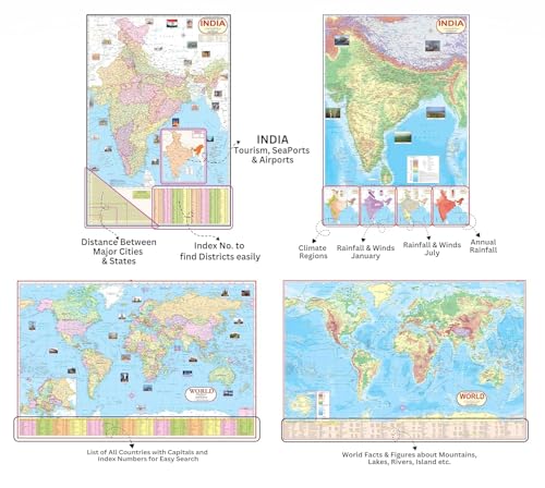 India & World Map (Both Political & Physical) with Indian Constitution and Indian History Chart | LAMINATED | Set Of 6 Maps and chart | Useful For Preparation Of UPSC, SSC, IES, RRB, and other exams