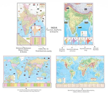 India & World Map (Both Political & Physical) with Indian Constitution and Indian History Chart | LAMINATED | Set Of 6 Maps and chart | Useful For Preparation Of UPSC, SSC, IES, RRB, and other exams