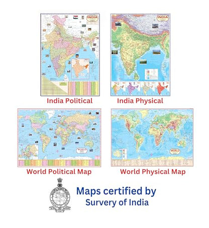 India & World Map (Both Political & Physical) - LAMINATED | Set of 4 Maps | Size - 70×100 cm | Use For Preparation Of UPSC, SSC, IES, etc Exams. | By Hivex Publication