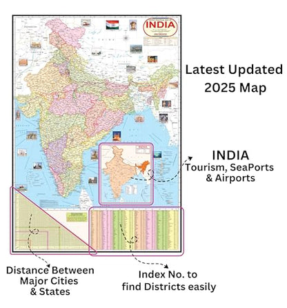 India Political Map | Laminated Both Side | Size - 70x100 cm (Large Size) | India Map | Indian Map | Political Map of India