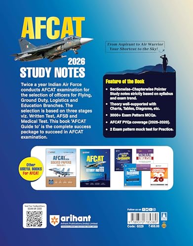 Arihant AFCAT 2026 | Study Notes | Complete Theory, 2500+ Prctice MCQs | AFCAT Solve Papers (2025–2020) & 2 Mock Tests | For Flying, Technical & Non-Technical Branches | English Medium