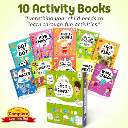 Brain Booster Activity Bag for Kids & Children |Set of 10 Books| Dot to Dot,Look & Find,How Many,Mazes,Difference,Reasoning,Sort,Word Search,Jumble