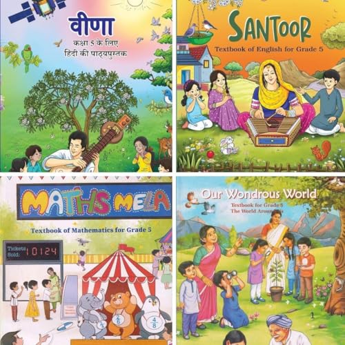 NCERT Class 5 Textbook Set (Pack of 4) – Veena, Santoor, Maths Mela & Our Wondrous World | Latest 2025–26 Edition | Hindi, English, Maths & EVS Books for Class 5 | Updated Curriculum