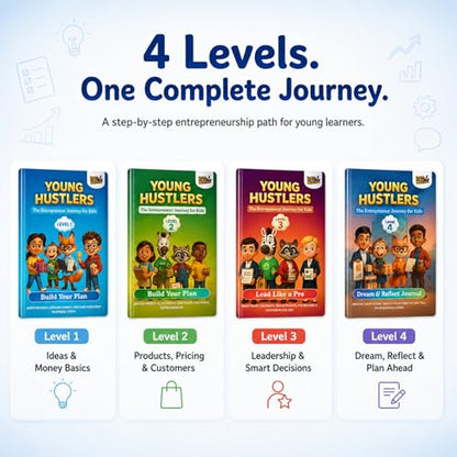 Young Hustlers – Financial Literacy & Entrepreneurship Workbook for Kids Ages 6-14 | 4-Book Money Management & Business Skills Activity Set (Young Hustlers Series)
