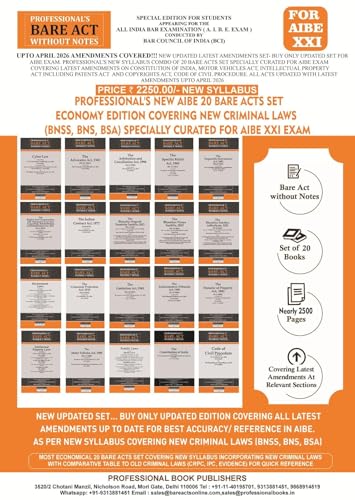 PROFESSIONAL'S NEW SYLLABUS ECONOMY EDITION Bare Acts without Notes for AIBE as per BCI Guidelines- New & Updated Set of 20 Books covering latest amendments includes New Criminal Laws (BNSS, BNS, BSA)