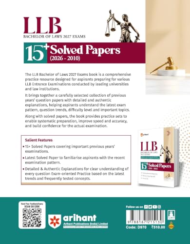 Arihant LLB Entrance Exam 2027 | 15+ Solved Papers 2026-2010 | DU, BHU, IPU, Jamia Millia, NLU & Regional Law Entrance Exams | Authentic Questions with Detailed Explanations | 3 Practice Sets